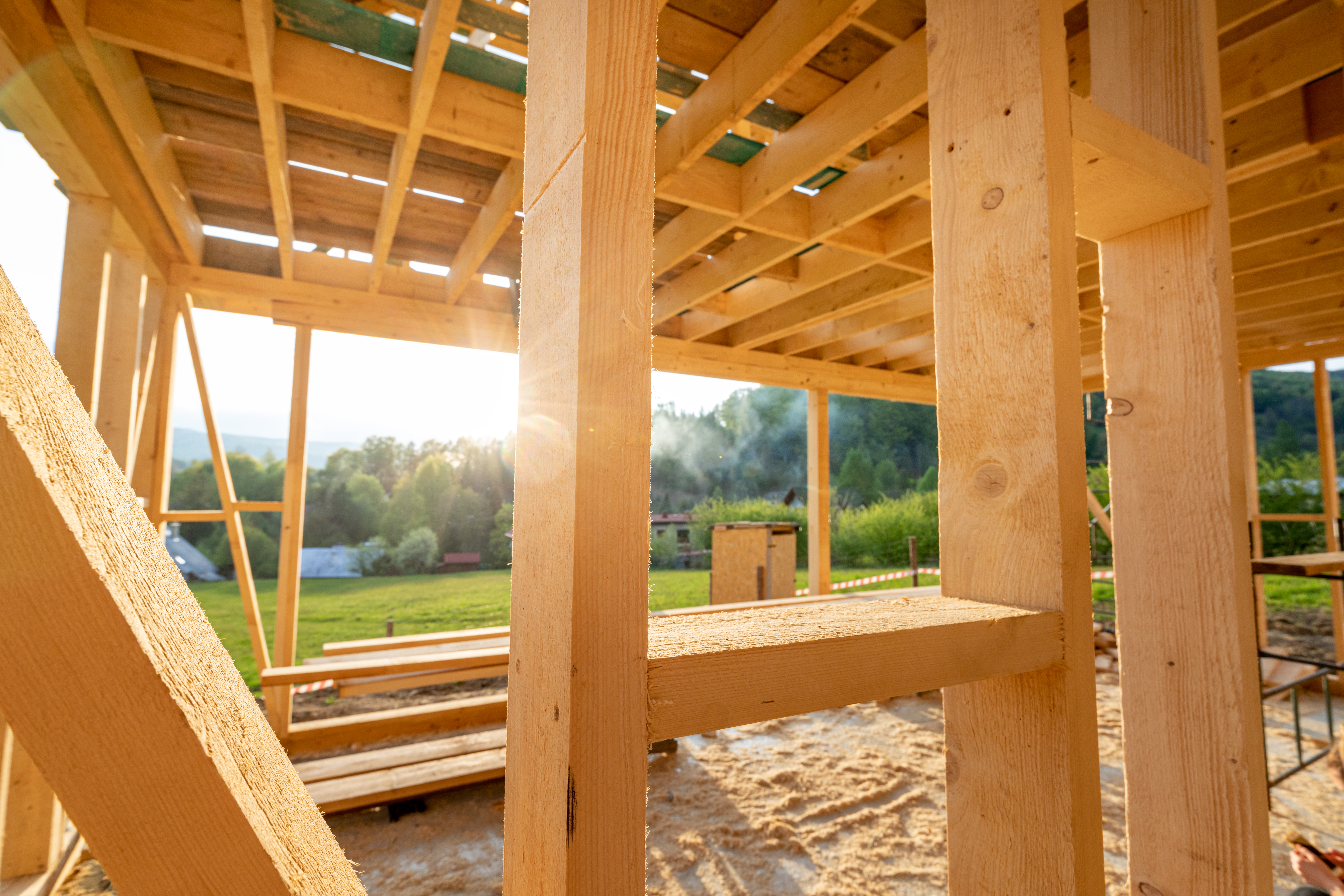 Interior frame of new wooden house under construction